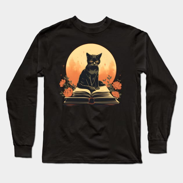 Floral Black Cat And Book Catshirt Long Sleeve T-Shirt by VisionDesigner